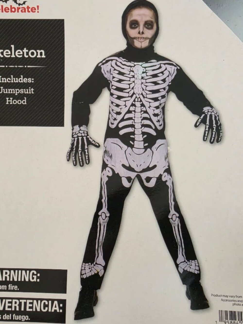 Celebrate! Skeleton Jumpsuit Hood Kids Halloween Costume. M(8).